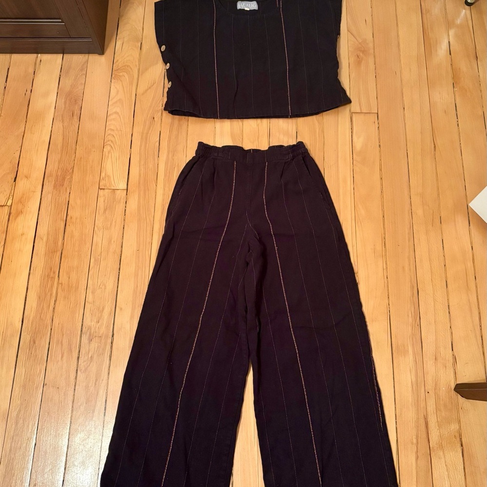 LIZ ALIG Size XS Fair Trade Made in India Linen Wide Leg Pants and Top